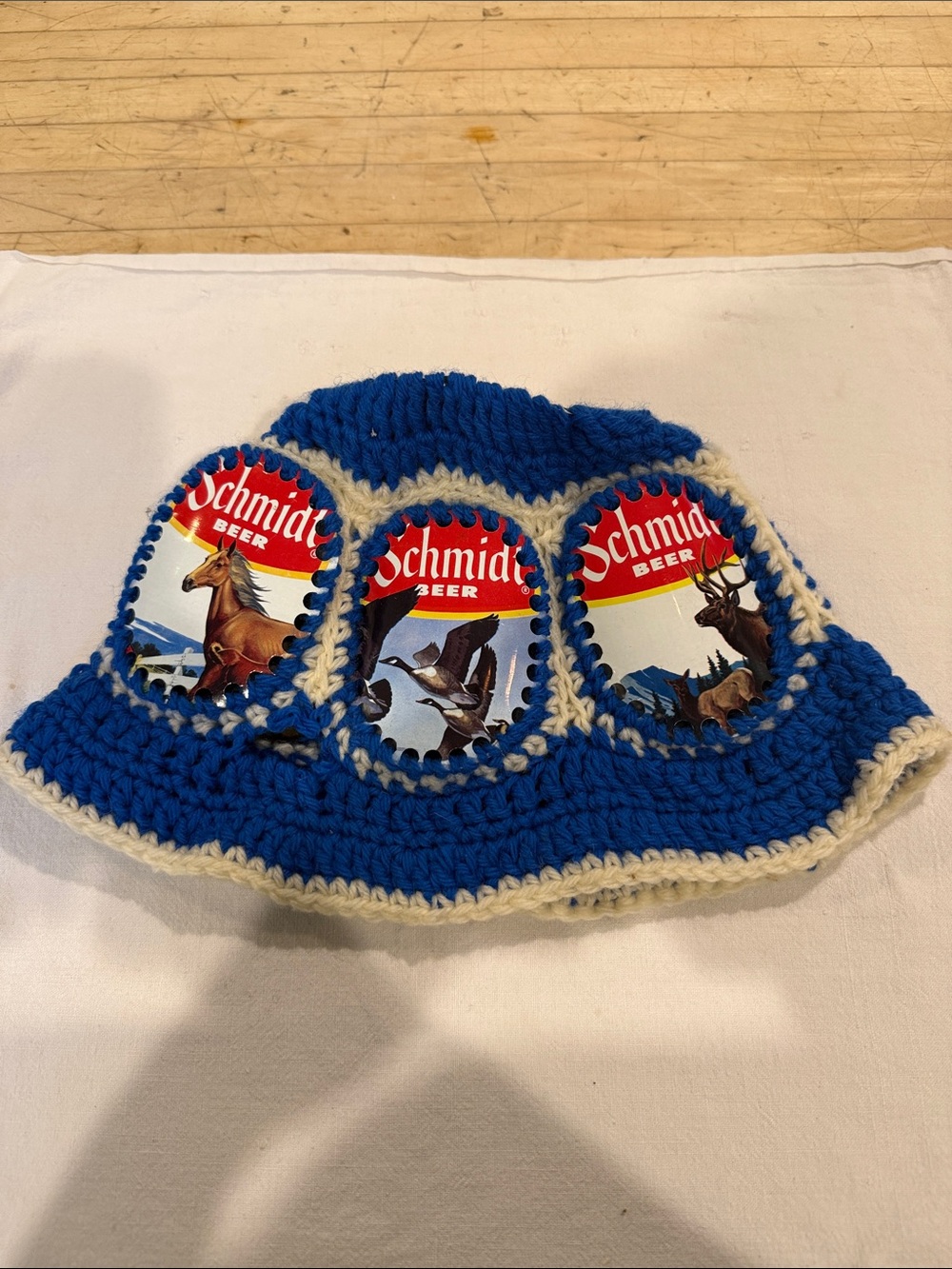 Handmade Blue Crochet Hat with Schmidt Beer Can Patch Accents - all unique.